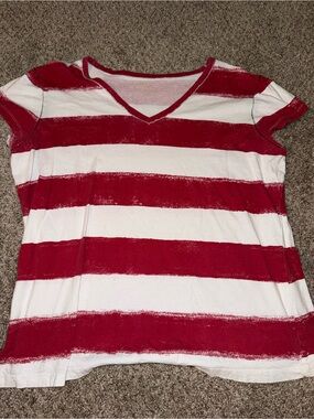 Women's Red & White Striped V-Neck Short Sleeve Tee